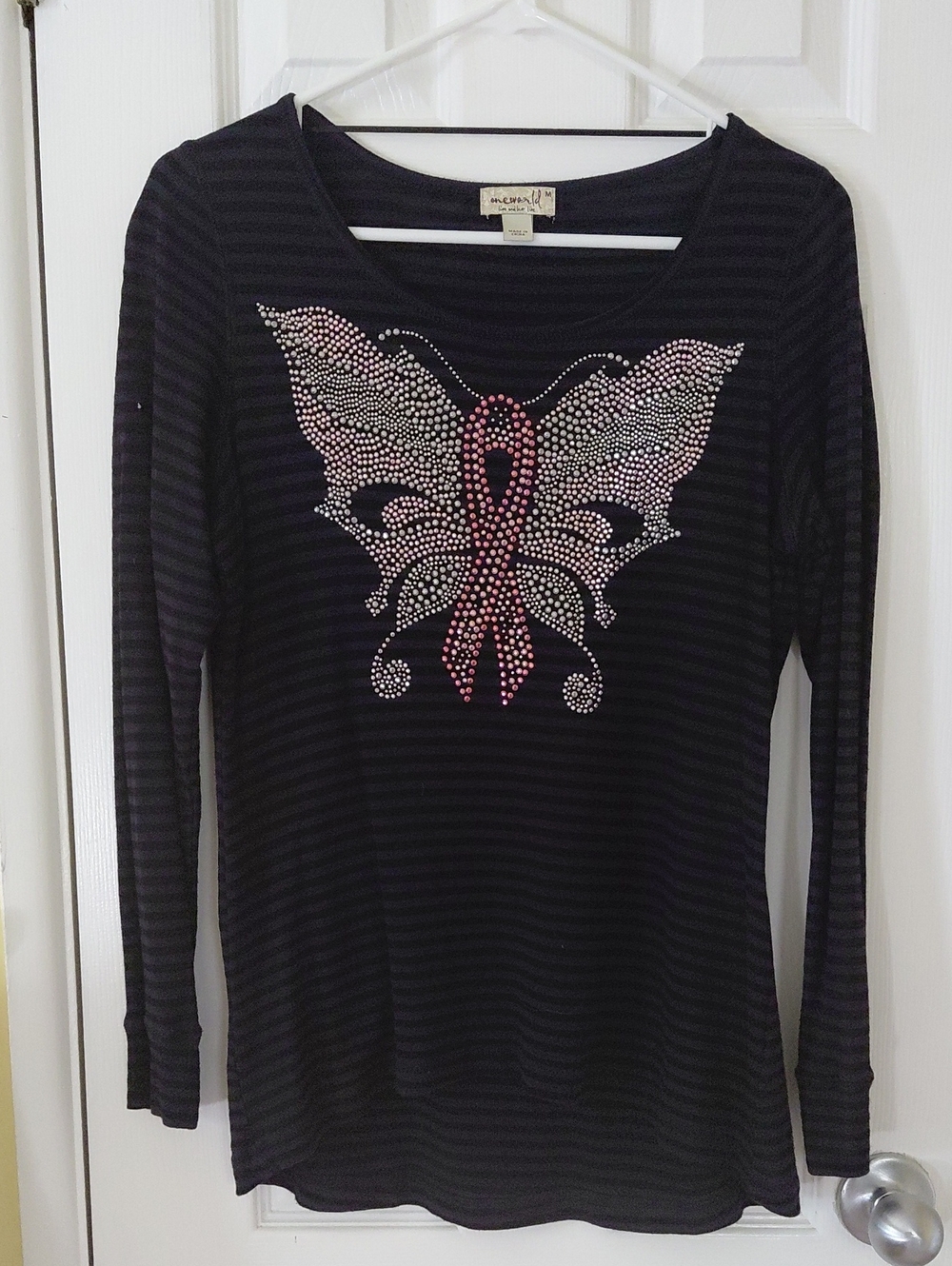 ONE WORLD Black Long-Sleeve Tee with Pink and Silver Rhinestone Butterfly
